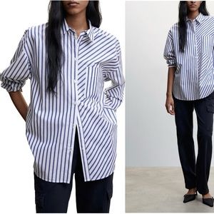 Mango Directional Strip Cotton Button Up Shirt